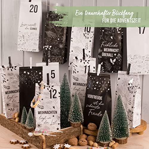 Papierdrachen Advent Calendar for Filling, 24 Black and White Gift Bags and 24 Number Stickers and Clips - Image 2