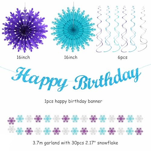 Image of Winter-Wonderland Christmas-Snowflake Frozen Birthday Party-Decorations - 21pcs Happy Banner,Blue Purple Teal Paper Lanterns Honeycomb Streamers,Tissue Pom Poms Flower Fan,Hanging Decor Huglony