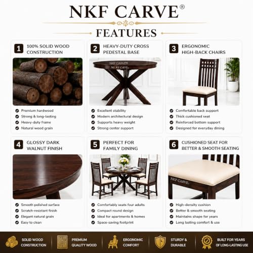 Image of Wooden Dining Table & Chair Set for 4 Person | Solid Sheesham Wood Round Dining Table with Air Grid Backrest & Cushioned Chairs | Modern & Trending Style Design for Home & Dining Room | Walnut Finish