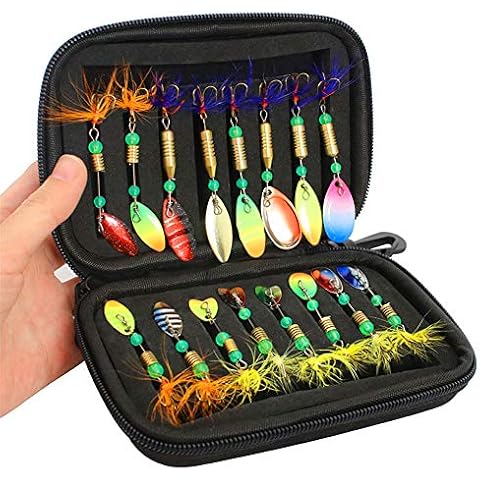 16Pcs Fishing Lures Spinners Baits Spoon Set with Tackle Bag Trout Bass Salmon Pike Walleye Fishing Tackle (Black) ((Black(Upgrade Style- Random Sequins 16pcs))) Cover