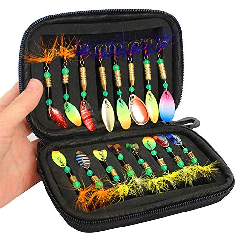 16Pcs Fishing Lures Spinners Baits Spoon Set with Tackle Bag Trout Bass Salmon Pike Walleye Fishing Tackle (Black(Upgrade Style- Random Sequins 16pcs)) Cover