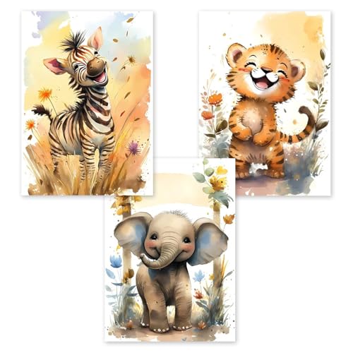 3 Affiche Animaux Jungle Chambre Bebe Poster Savane Enfant Éléphant Zèbre Tigre 30x40cm Tableau Decoration Murale Fille Toile Bébé Garcon Decoration...