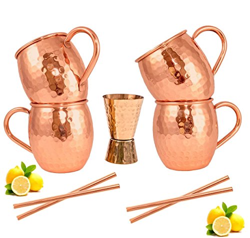 Moscow Mule Copper Mugs - Set of 4-100% HANDCRAFTED - Food Safe Pure Solid Copper Mugs - 16 oz Gift Set with BONUS: Highest Quality Cocktail Copper Straws and Jigger! (Curve)