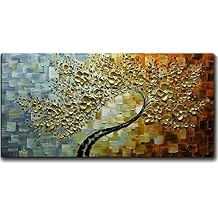 V-inspire Art,30x60 Inch Modern Hand Painted Abstract Lucky Tree Canvas Art Golden Flower 3D Oil Painting Canvas Living room bedroom dining room Wall Decoration Wood Inside Framed Ready to Hang