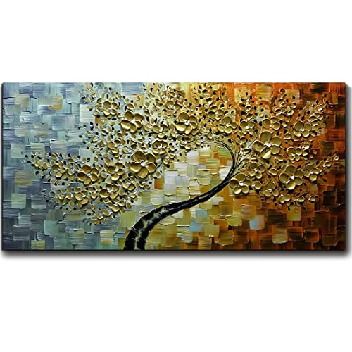 V-inspire Art,30x60 Inch Modern Hand Painted Abstract Lucky Tree Canvas Art Golden Flower 3D Oil Painting Canvas Living room bedroom dining room Wall Decoration Wood Inside Framed Ready to Hang