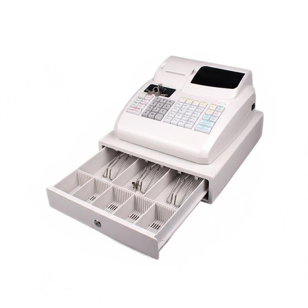 Moderno registratore di cassa commerciale, sistema POS elettronico con stampante termica integrata e cassetto contanti sicuro, 3 scomparti for banconote, 5 vassoi for monete