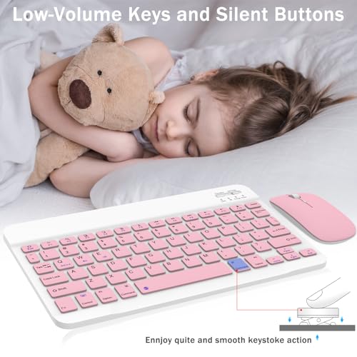 Image of Rechargeable Bluetooth Keyboard and Mouse Combo, Universal Ultra-Slim Wireless Keyboard Mouse Set for Android Windows iPad iPhone Samsung Tablet Portable Compact Keyboard Set (Pink)