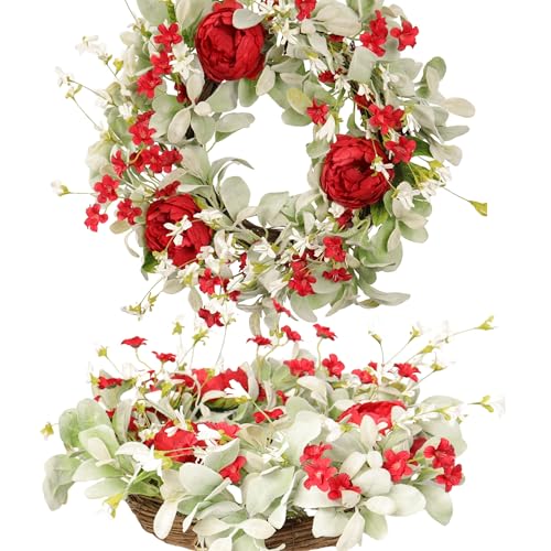 Pudate 20 Inch Red Peony Wreath for Front Door, Romantic Lambs Ear Greenery with White Flowers, Elegant Wedding Decor, Spring Summer Artificial Floral Wall Accent
