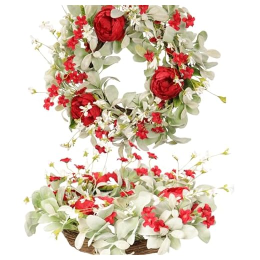 Pudate 20 Inch Red Peony Wreath for Front Door, Romantic Lambs Ear Greenery with White Flowers, Elegant Wedding Decor, Spring Summer Artificial Floral Wall Accent