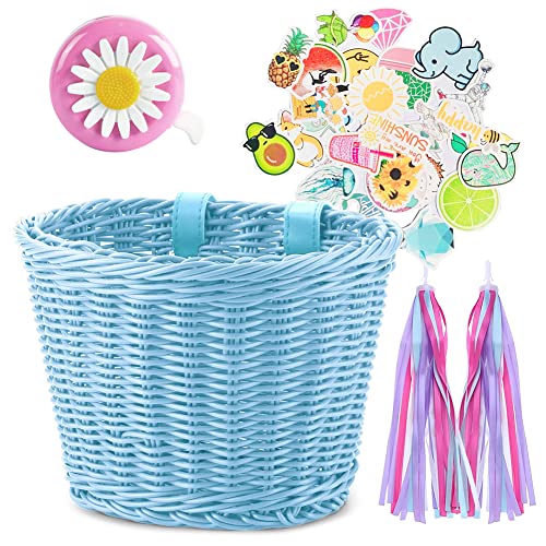 Wicker Bike Basket For Kids Kid's Bike Basket Front With Handlebar Streamers Bell Diy Bike Decoration Accessories For Girls And Boys (Sky Blue) #TOP6