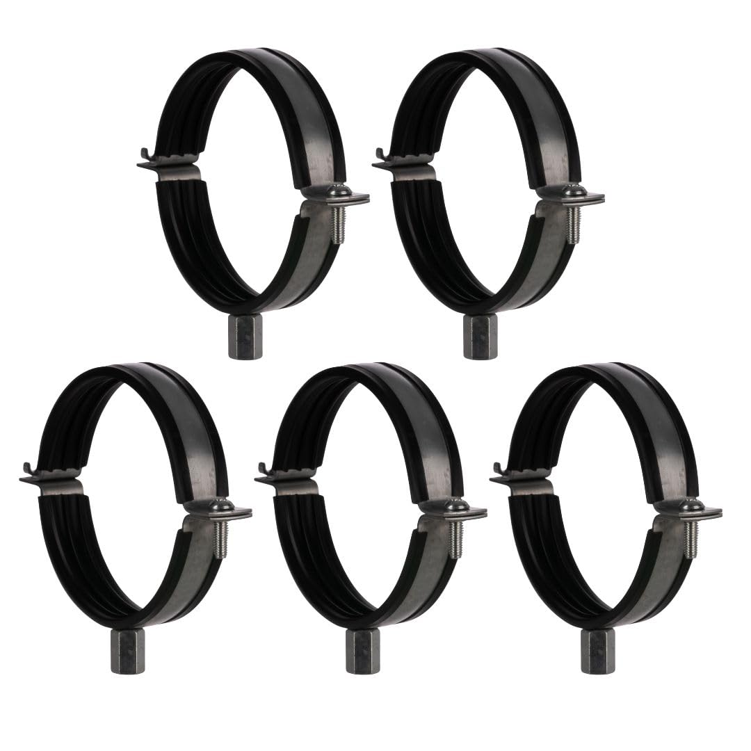 5 Pcs Pipe Clamp 100mm - 4 inch Pipe Hanger - Galvanized Steel Mounting Bracket - Duct Clamp with Rubber Gasket and M8/M10 Thread - Metal Support Brackets for Ducting HVAC System