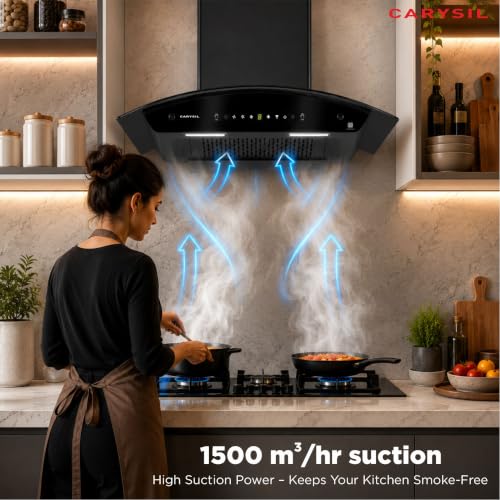 Image of Carysil Curvantis 90 cm Kitchen Chimney, Curved Shape, 1500 m /hr Suction, Auto-Clean Filterless, 3-Speed Touch & Gesture Control, LED Lamp, 10-Year Warranty - Black
