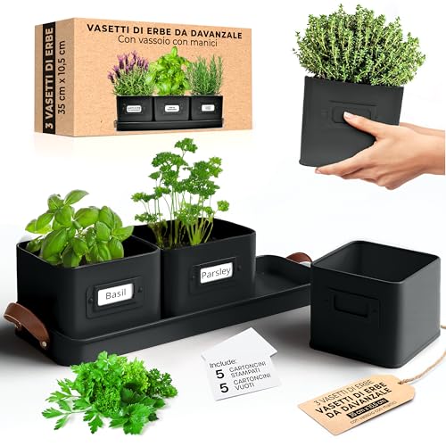 Green Thumbz Macetas Decorativas Interior con Macetero Rectangular con Mangos de Cuero - Macetas y Jardinera Rectangular Ideales para Plantas de Interior - Color Negro