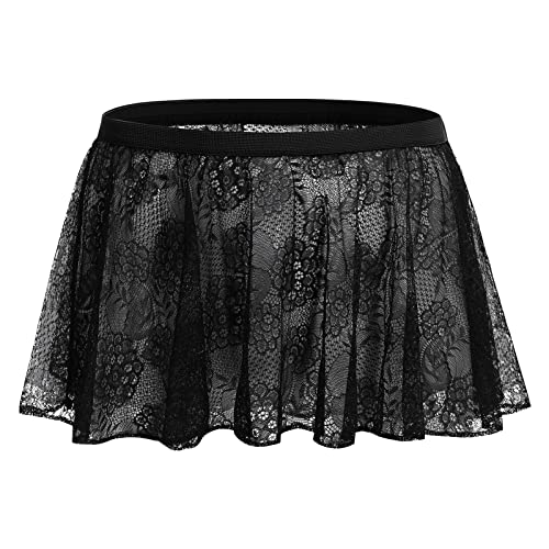 ABAFIP Sissy Skirts for Men Crossdressing Lingerie Sheer Lace Floral Flared Pleated Micro Mini Skirt Nightwear