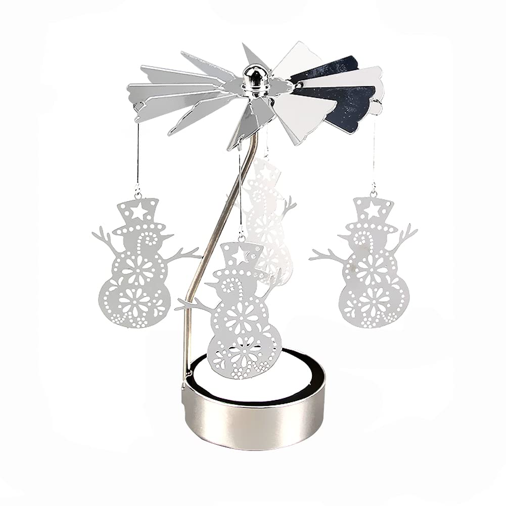 Rotating Tea Light Holder,1Pcs Spinning Candle Holder Christmas Metal Candlesticks Snowflake Reindeer Xmas Tree Design for Wedding Event Christmas Ornament (Snowman)