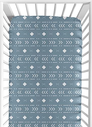 Image of Sweet Jojo Designs Dark Blue Tribal Mudcloth Boy or Girl Fitted Crib Sheet Baby or Toddler Bed Nursery - Slate Blue and White Woodland Bohemian Southwest Geometric Arrow Gender Neutral Aztec Mud Cloth