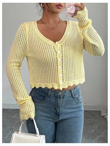 OYOANGLE Women's Hollow Out Crochet Cropped Cardigans Long Sleeve V Neck Button Down Knit Tops2
