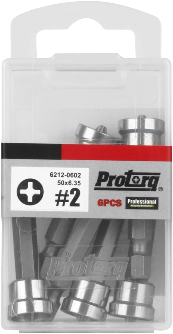 Protorq Screwdriver Bit, PH2 Drywall Screw Setters, 2 Inch, 6 Pieces, Transparent plastic case