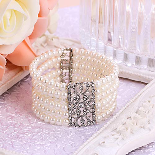 Brilove Women's Vintage Inspired Crystal Cream Simulated Pearl Hollow Stretch Bracelet Clear Silver-Tone #TOP2