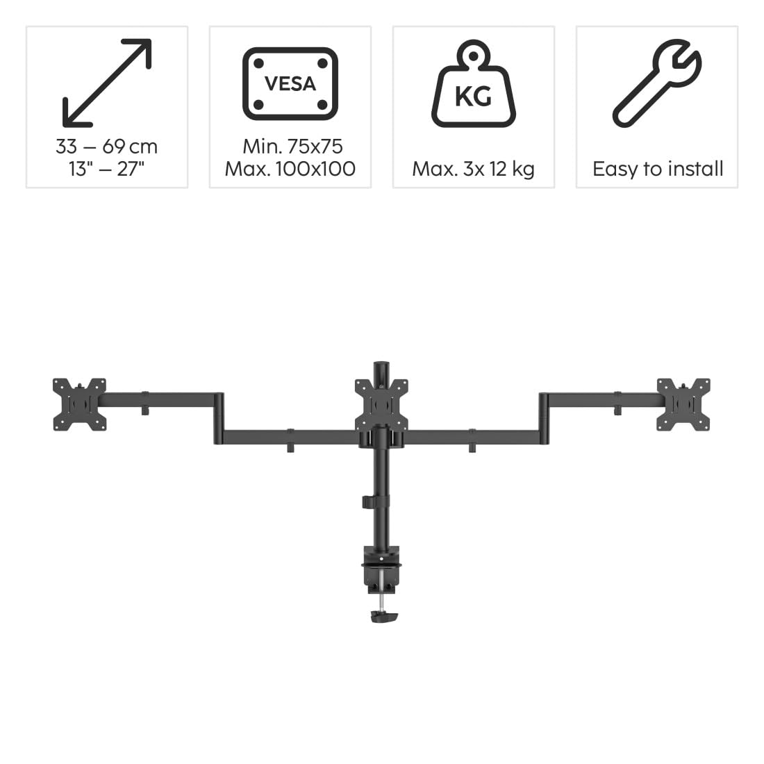 Hama Support Ecran PC (pour 3 moniteurs, Pivotant et Inclinable) Noir