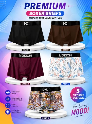 Image of Men's Boxer Briefs for Men, Stretchable Trunks Underwear, Soft Comfortable Fit, Breathable Mid-Rise Boxer Shorts, Assorted Solid & Printed Designs, Pack of 5
