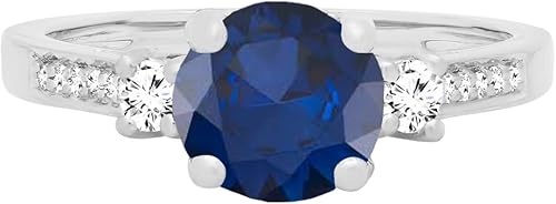 Miniatura 2 de Dazzlingrock Collection Anillo de compromiso de 3 piedras de zafiro azul y diamante blanco redondo de 0.276 in para mujer en oro macizo de 18