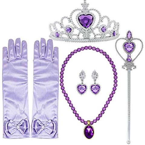 Tacobear Princess Dress up Accessories 5 Pieces Gift Set for Sofia Rapunzel Crown Scepter Necklace Earrings Gloves Cover