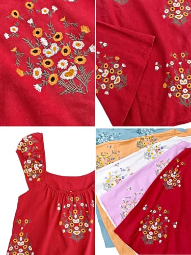 Image of Linen Mini Cute Dress Women Floral Embroidered Dress with Crew Neck and Sleeveless Casual Guest Vintage Dresses