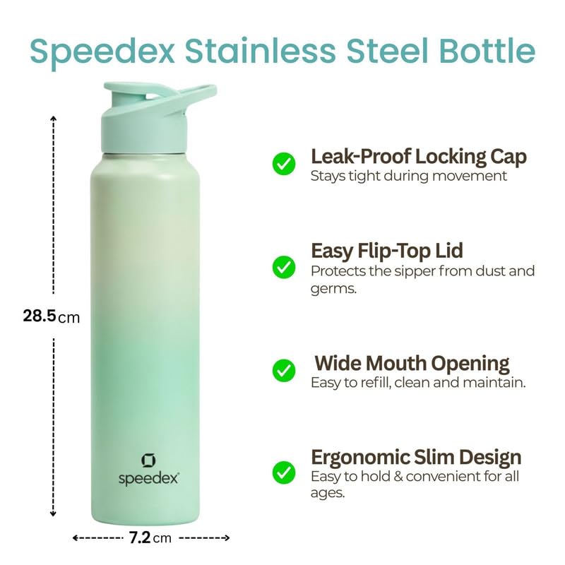 Image of Speedex Stainless Steel Water Bottle 1 Ltr, Leak Proof Sipper Cap, BIS Approved 1000 ml Metal Bottle For Daily, Office, School, Gym, Travel Use for Men, Women, Kids, Adults, Dual Green, Set of 2