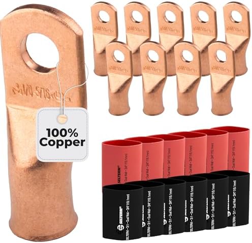 SELTERM 10pcs, 1/0 Awg, 5/16" Stud Bare Copper Lugs Terminal Connectors