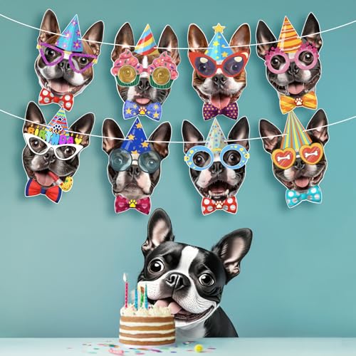 Image of Boston Terrier Birthday Garland - Photographic Boston Terrier Faces Birthday Banner, Funny American Gentleman Bday Party Decoration for BostonTerrier Lovers, Easy Assembly