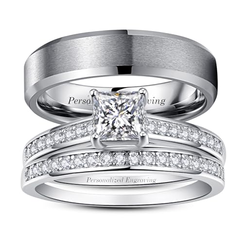 Wedding Rings for Him and Her Promise Rings for Couples Men's Tungsten Band & White Gold Plated 1.35CT Bridal Set with Princess Cut Cubic Zirconia