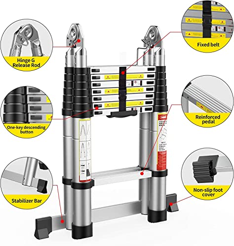 BOWEITI 14.5FT Telescoping Ladder,Telescoping A Frame Ladder with Balance Bar and Movable Wheel,Household Use Folding Ladder,Multi-Purpose Collapsible Ladder for Outdoor Work