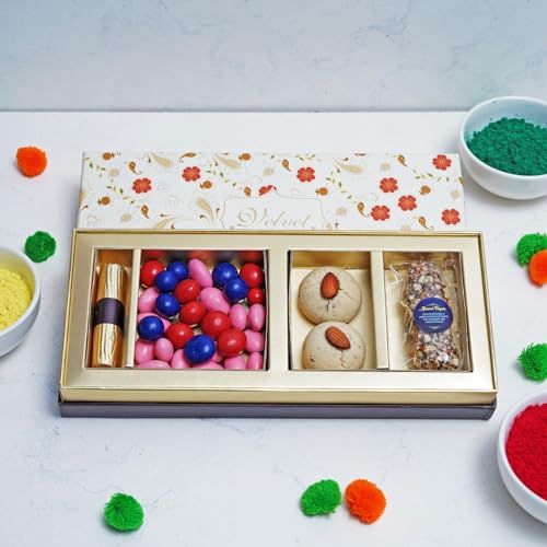 Image of Velvet Fine Chocolates Gift Hamper Chocolate Cheer Box with fruit and nut Log, 50g Assorted Dragees (Rose Almond, Blueberry, Cranberry), 2 Nankhatai for Daughter, and Employees.