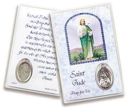 Saint Jude San Judas Laminated Wallet Size Holy Card with Silver Oxidized Medal Blessed by His Holiness