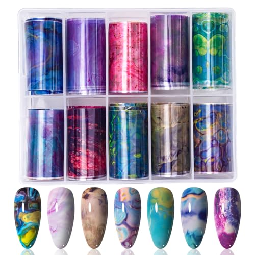 JERCLITY 10 Rolls Marbling Nail Foil Transfer Sticker Kit Nail Foil Sheets Foil Nail Art Decals Marbled Nail Foil Transfer Stickers Foil Nail Wraps for Foil Nail Art(Style-1)