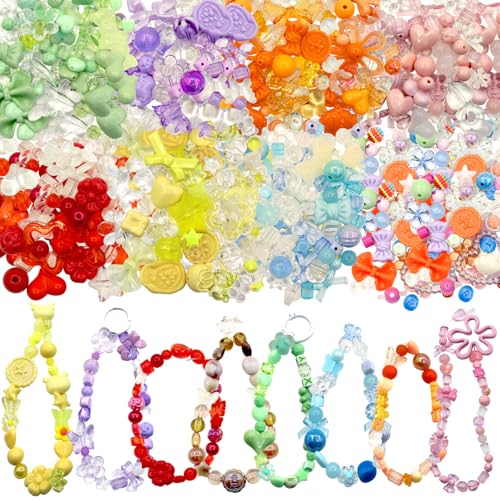 MoguGo 450 PCS Acrylperlen 8 Farbe Set Charme Anhänger Perlen zum Auffädeln Schmuck Ketten Bastelset Sortierte Basteln Anhänger für DIY Geschenk Schmuckherstellung Handwerk