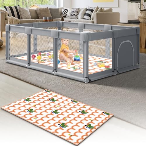 Image of Fshibila 74" ×50" Large Baby Playpen, Baby Playard for Babies and Toddlers, Baby Fence Play Pens for Indoor & Outdoor, Sturdy Safety Play Yard with Soft Breathable Mesh, Anti-Fall, Grey (with Mat)