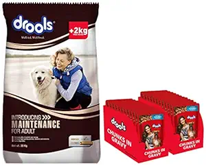 Drools Maintenance Adult Dog Food, 22kg (20kg with 2kg Free Inside) & Drools Adult Wet Dog Food, Real Chicken and Chicken Liver Chunks in Gravy, 24 Pouches (24 x 150g)