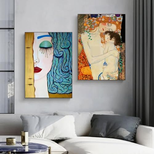 Toile Klimt Kiss et mère bébé 60x80 cm pour habiller un mur vide avec de l'art abstrait x2