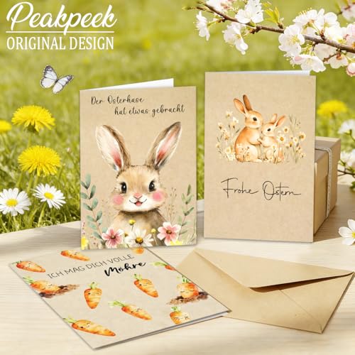 Osterkarten mit Umschlag Set, 12 Stück Karte Ostern Karte, Hochwertiges Klappkarten Osterkarte mit Niedlichem Hasen Kraftpapier, Frohe Ostern Karten Frühling Karten für Familie Freunde