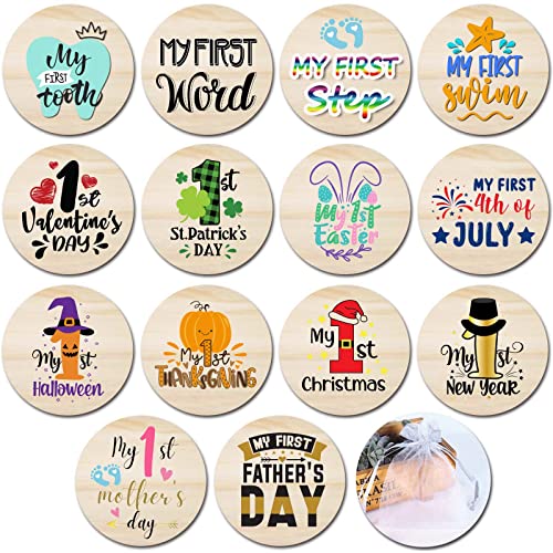 Image of Baby First Holiday Milestone Cards, 7 Pack Double Sided Wooden Baby Milestone Signs for Newborn Girl or Boy, Baby Shower Cards Come with Organza Gift Bag (First Special Moments)