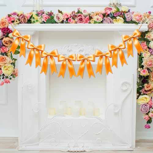 Image of 1 String of 8PCS Golden Yellow Bow Garland Banner Decoration,Pre-Strung Satin Ribbon Ornaments for Birthday,Christmas,The Fall Festival,Thanksgiving,Halloween,Anniversary,Wedding,Baby Shower