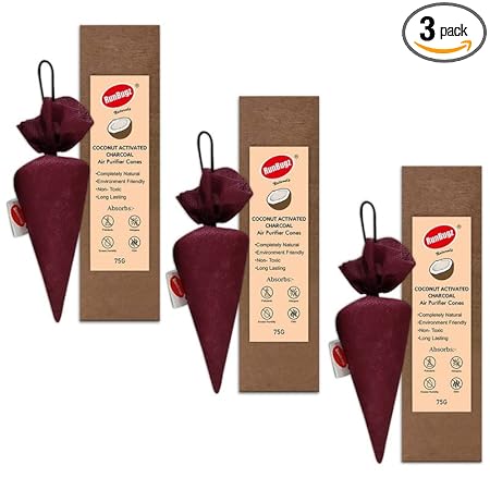 RunBugz Impregnated Coconut Activated Charcoal Cone Car Air Purifier Deodorizer, Odor Absorber and Dehumidifier for Wardrobe, Fridge, Shoe Rack, Cars and Home | Non-electric | 75 gram, Maroon| Pack of 3