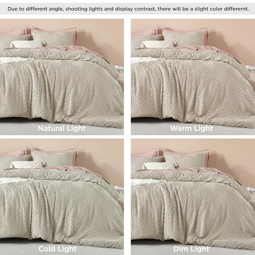Image of Litanika Oatmeal Super King Plus Comforter, 3 Pieces Tufted Boho Farmhouse Bedding Comforter Sets, Lightweight Fluffy Bed Set for All Season (128x120In Comforter and 2 Pillowcases)