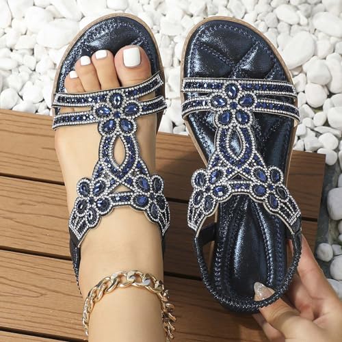 Women Rhinestone Embellished Flat Sandal High Elastic Ankle Strap Shoe Solid Textured Open Toe Sparkly Sandals2