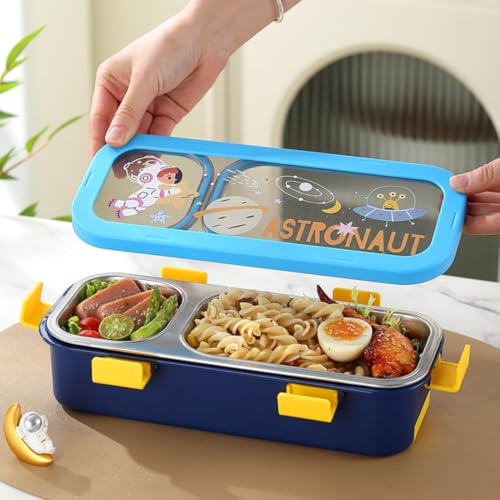Image of Kids Lunch Box with 3 Compartments | 500ml Astronaut Cartoon Print Stainless Steel Bento Box for School | Leak-Resistant, BPA-Free Food Container Tiffin for Boys & Girls - Blue
