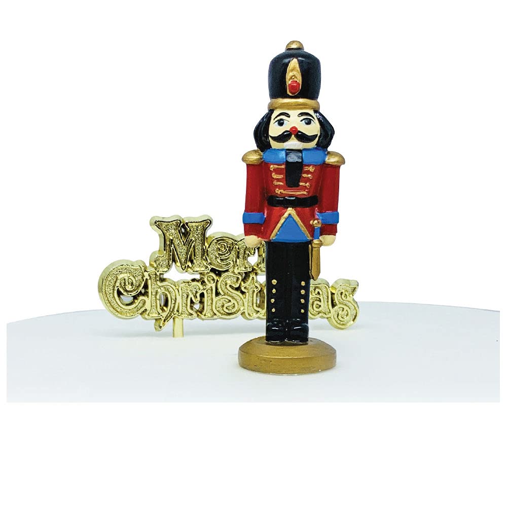 Nutcracker Resin Cake Topper & Gold Merry Christmas Motto Luxury Boxed