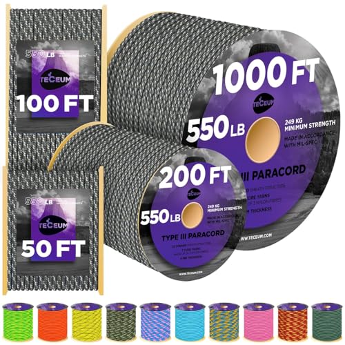 Image of TECEUM Reflective Paracord Rope 1000 - 1000ft /200ft /100ft /50ft - 40+ Colors - Glow in the Dark - para Cord - Utility Rope for Survival, Hunting & Camping Gear - Nylon String, Camping Rope, Tent Cord