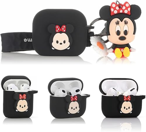 Funda de silicona compatible con Apple Airpods 1, 2, 3 y Pro Serie de dibujos animados con llavero de muñeca (Airpods 1 y 2, Minnie)
